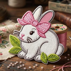 May include: Embroidered white bunny with a pink bow and green leaves. The bunny is sitting on a wooden surface with sewing supplies, including thread, scissors, and a vintage sewing box. The bunny is a cute, decorative item.