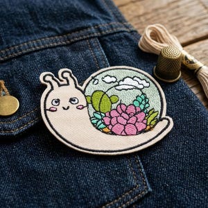 Snail Terrarium Embroidered Patch - Succulent Garden Iron On Patch - Cute Snail with Plants Badge - Nature Lover Gift