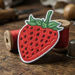 May include: Embroidered strawberry patch with red fruit, green leaves, and a white border. The patch is on a wooden surface with red thread spools and a thimble, suggesting a sewing or crafting theme.