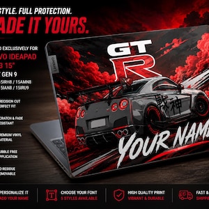 May include: A vinyl laptop skin for Lenovo IdeaPad Slim 3 15 inch Gen 8 and 9, featuring a grey GT-R sports car graphic against a red and black smoke background. The design includes the text GT-R, Japanese characters, and YOUR NAME.