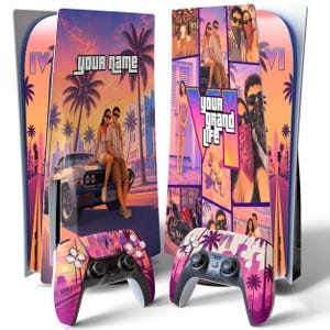 May include: A custom console skin set featuring a vibrant sunset aesthetic with palm trees, a vintage car, and a photo collage. The design includes the text "YOUR NAME" and "YOUR GRAND LIFE" in a stylised font, alongside two matching game controllers.