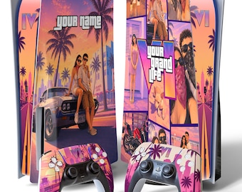 Personalized PS5 Skin Custom Photo Collage, Miami Vice Style Gaming Wrap, Video Game Inspired Artwork, Custom Gamer Gift, PS5 Decal