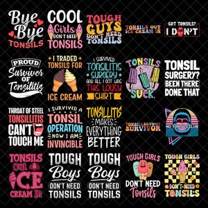 Pode incluir: Uma coleção de designs gráficos baseados em texto sobre um fundo preto, com vários designs relacionados a amígdalas e amigdalite. Os designs usam uma variedade de fontes e cores, incluindo rosa, branco e preto. Alguns designs incluem sorvetes.