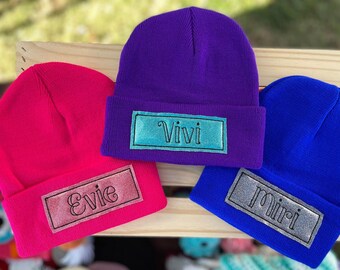 Name Patch Beanie - Glitter Color Patch - Custom Embroidery Accessory Gift