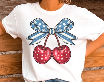 Coquette Tee Usa Cherry Bow Graphic Tshirt Flag Bow T-Shirt