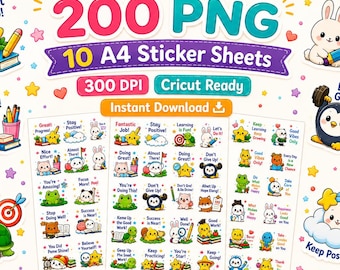 May include: A digital collection of 200 PNG files across 10 A4 sticker sheets featuring colorful cartoon animals, stars, and motivational text like Great Job, You Can Do It, and Keep Going. The graphics are 300 DPI and Cricut ready.
