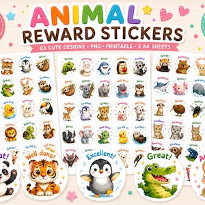 Può includere: Adesivi ricompensa con animali con 83 simpatici disegni, tra cui panda, tigri e pinguini. Gli adesivi sono stampabili e sono su 3 fogli A4. Includono parole incoraggianti come "Grande!" e "Incredibile!"