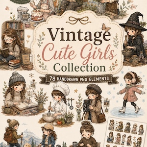 Könnte beinhalten: Digitale Kunstsammlung "Vintage Cute Girls Collection" mit 78 handgezeichneten PNG-Elementen. Das Bild zeigt Illustrationen von Mädchen in verschiedenen Szenen, plus ein Bonus-A4-Aufkleberbogen. Ideal für Aufkleber, Scrapbooks und Planer.