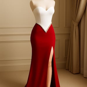 Könnte beinhalten: Trägerloses, bodenlanges Kleid an einer Schaufensterpuppe. Das Oberteil ist weiß, der Rock tiefrot mit hohem Schlitz. Eine Perlenreihe akzentuiert die Taille. Das Kleid wird in einem hellen Raum mit neutralen Vorhängen präsentiert.