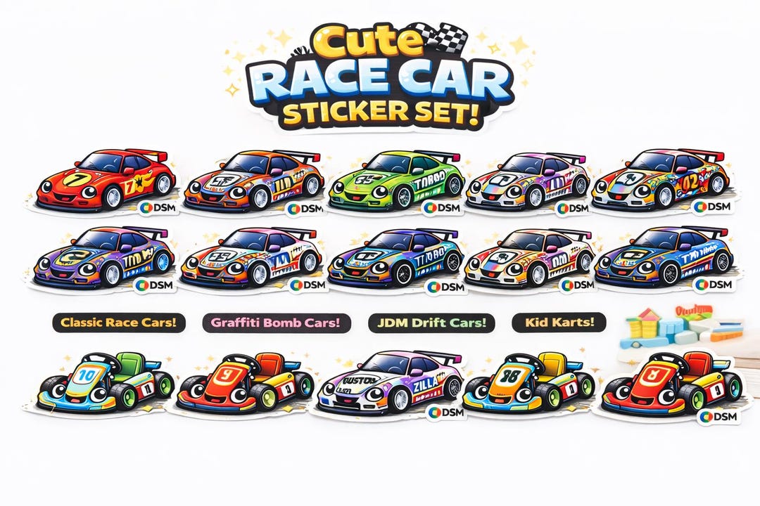 Race Car Stickers for Kids – Waterproof Vinyl Decals, Toy Style (30pc ...