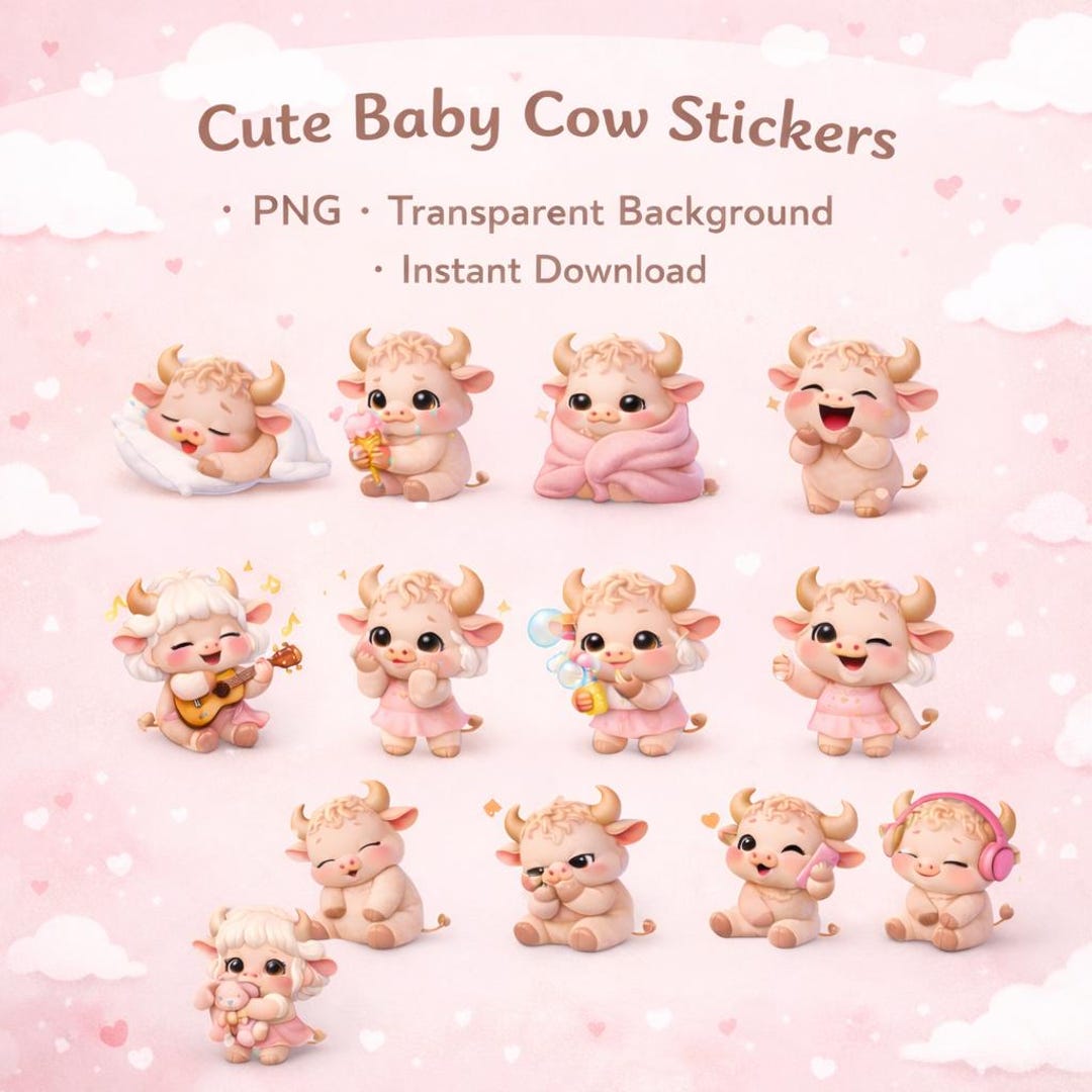 Cute Baby Cow Stickers PNG | Kawaii Farm Animal Clipart | Pastel Cow ...