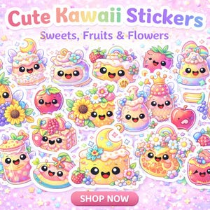 May include: A collection of colorful, cute kawaii stickers featuring sweets, fruits, and flowers. The stickers have smiling faces and are decorated with various elements like strawberries, cakes, and sunflowers. The text "Cute Kawaii Stickers" is at the top.
