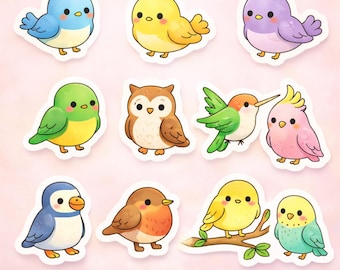 Kawaii vogelstickers, pastel dieren plannerstickers (digitale png-download)