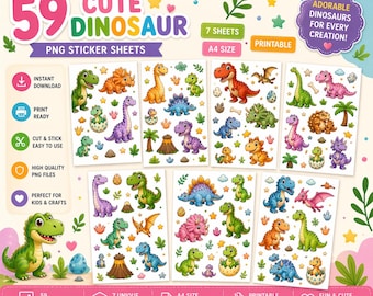 Arkusz naklejek z dinozaurami Kawaii, zestaw clipartów z dinozaurami, dekoracja planera A4 do druku (pobranie cyfrowe)