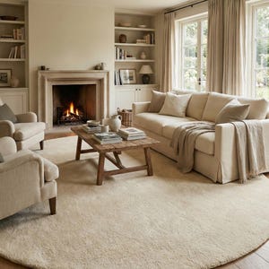 May include: A comfortable living room with a neutral colour scheme. It features a beige sofa, two armchairs, a wooden coffee table, a fireplace, and a large round rug. The room is well-lit with natural light and has a warm, inviting atmosphere.