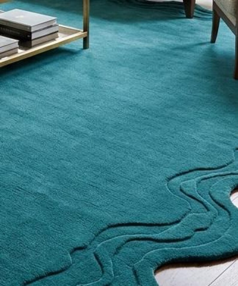 Teal Pattern Rug Texture Designer Teal Melting Border Hand Tufted Rug, Elegant Irregular Teal ...