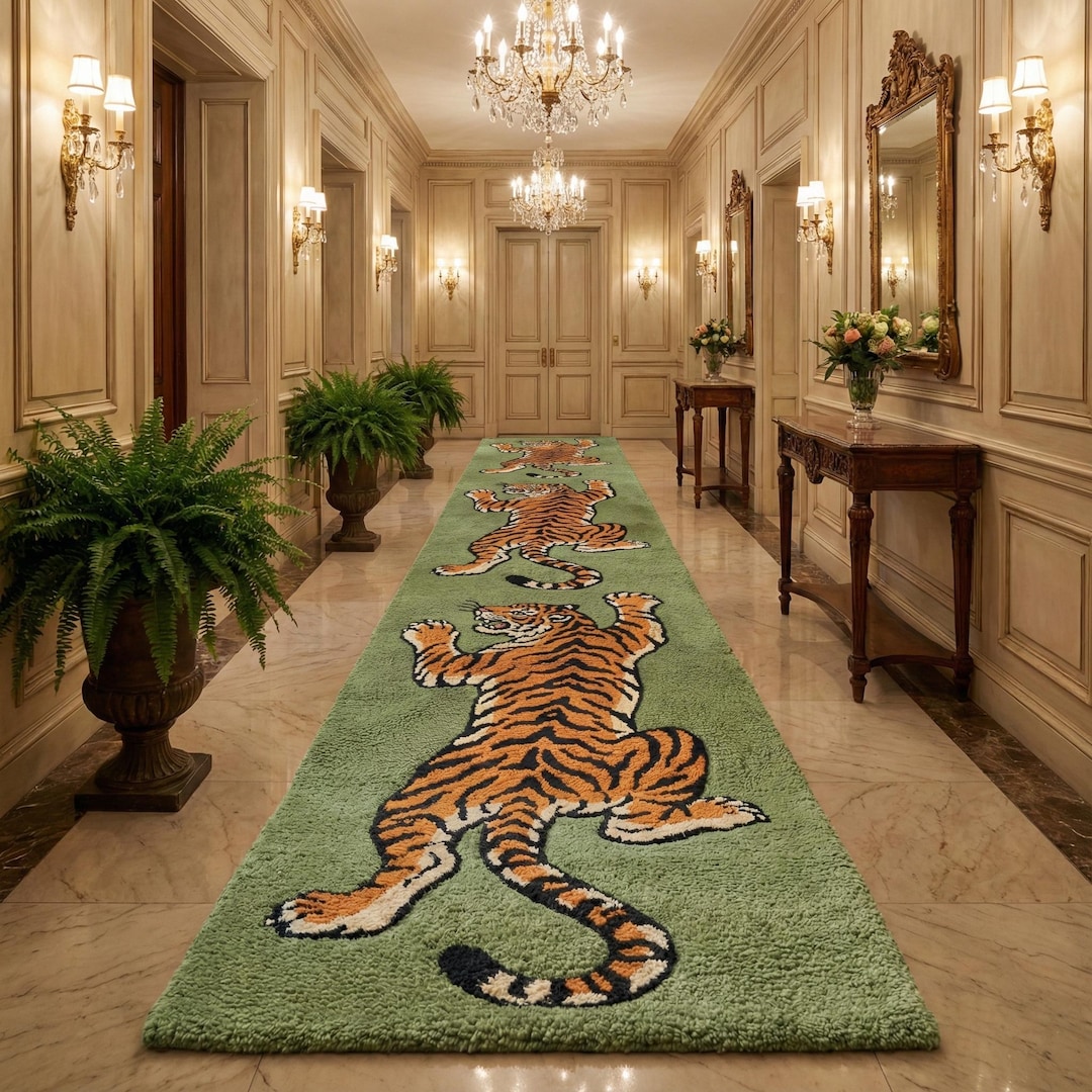 3x16 Vibrant Climbing Tiger Pattern Tufted Runner for Corridor ...