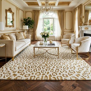 Luxury Leopard Print Hand Tufted Wool Rug | Premium Cream Gold Leopard Pattern Rug for Living Room, Dinning & Bedroom Floors Carpet
