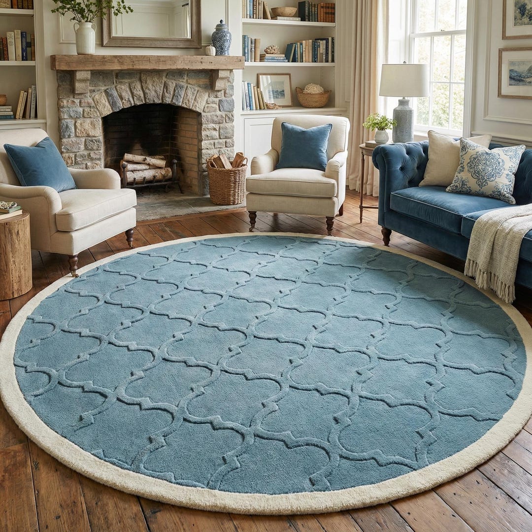 Elegant Blue Tufted Round Rug | Blue Haven Soft Wool Circle Rug ...
