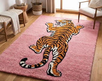 Alfombra de 6 x 9 con estampado de tigre trepador vibrante para sala de estar / Alfombra de diseño con temática de tigre para comedor / Alfombra para dormitorio de 10 x 14