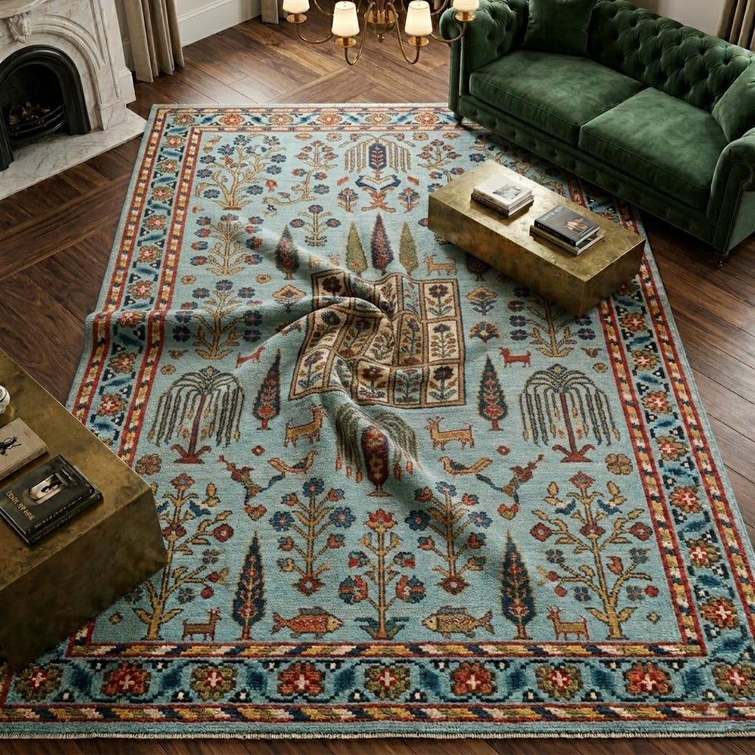 Classic Floral & Animal Motif Knotted Rug | Heritage Blue Field Hand ...