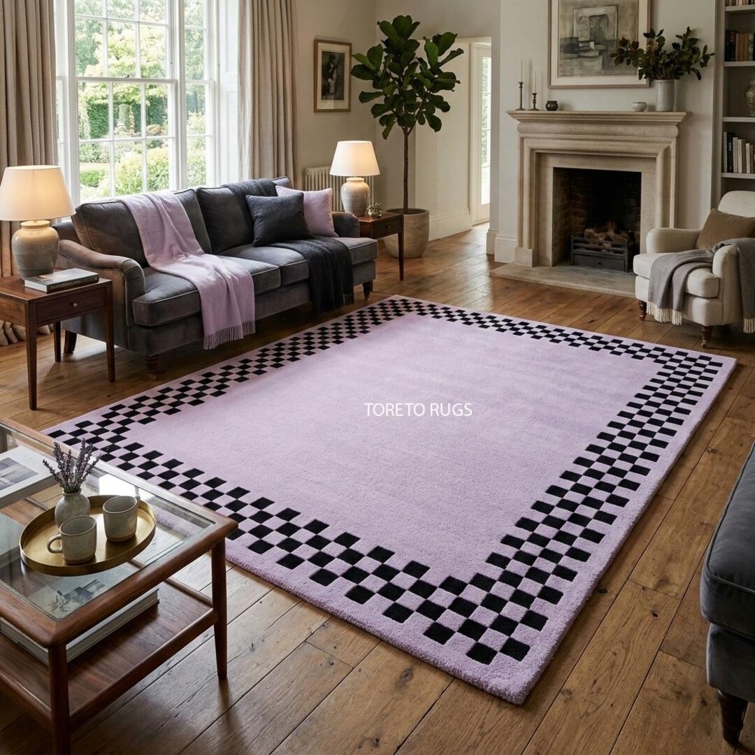 Tufted Check Rug Lavender Check Border Hand Tufted Rug for Living Room, Minimal Lavender ...