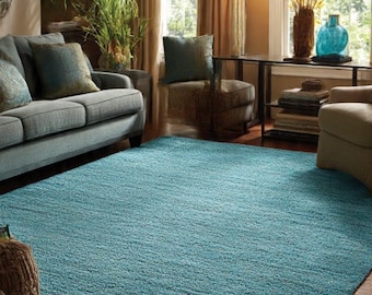 Alfombra de lana tejida a mano Coastal Aqua para sala de estar, alfombra de lana sólida premium en verde azulado, alfombra de dormitorio, alfombra de lana duradera para comedor.