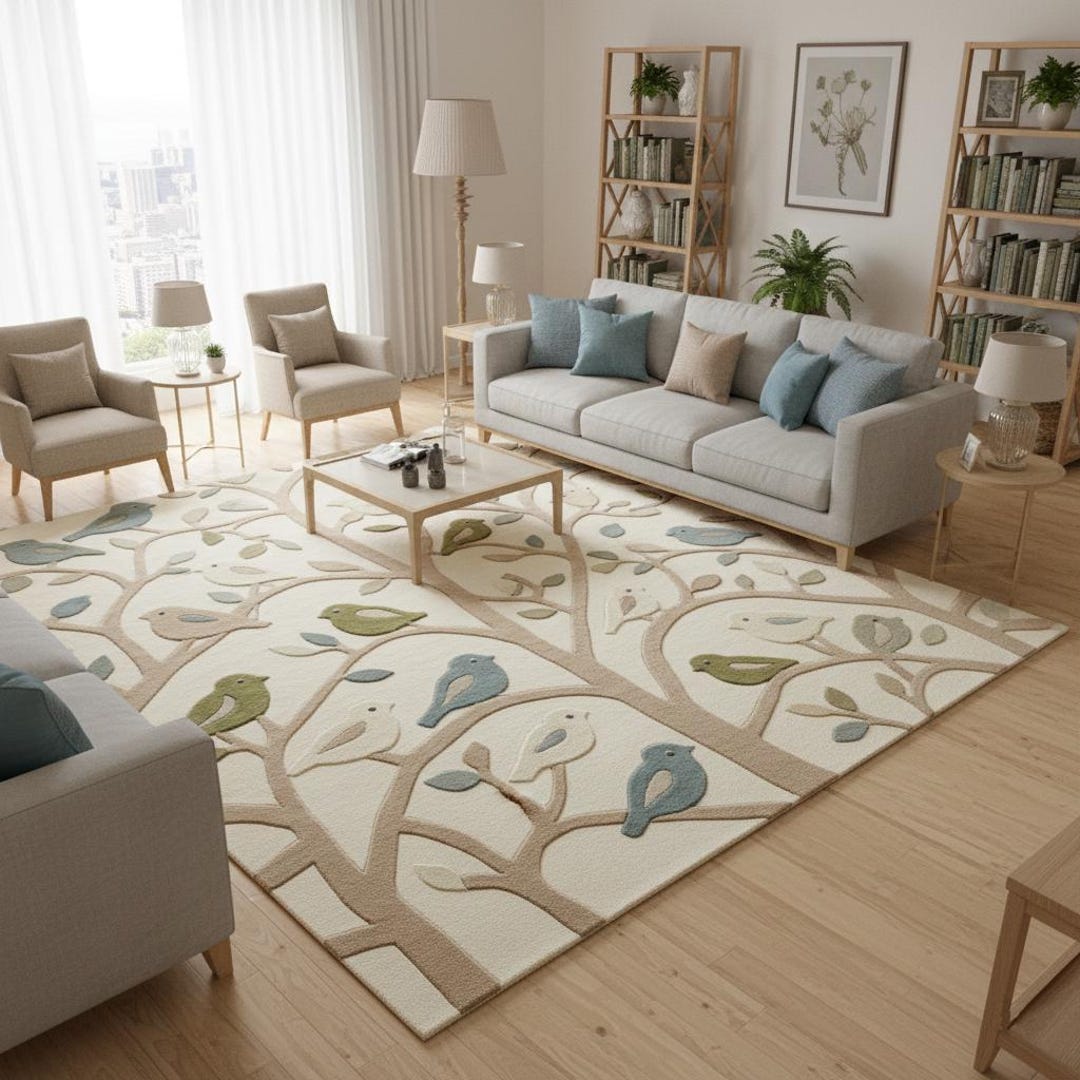 Calming Rug Forest Melody Tufted Carpet | Calming Birds & Leaves Carpet | Tree of ...
