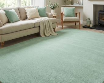 Alfombra de lujo de 7 x 10 pulgadas, color verde mar macizo, con mechones hechos a mano, para sala de estar, estilo escandinavo, para dormitorio, de lana duradera y con mechones para comedor.