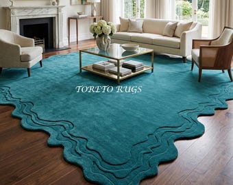 Alfombra de diseño con borde derretido en verde azulado, hecha a mano, elegante alfombra irregular en verde azulado para sala de estar, dormitorio, habitación infantil y comedor.