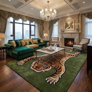 May include: A luxurious living room featuring a green velvet sectional sofa with gold accent pillows, a marble-topped coffee table, and a green rug with a tiger design. A fireplace and chandelier add to the room's elegance.
