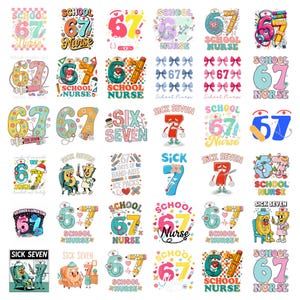 May include: A collection of colorful graphic designs featuring the numbers 6 and 7, along with the words "School Nurse" and "Sick Seven." Designs include pencils, hearts, bows, and medical-themed illustrations. The overall theme is related to school nursing.