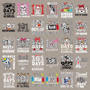 Könnte beinhalten: Eine Sammlung von Designs zum Thema 101 Schultage mit Dalmatinerhunden, Bleistiften und Spielkonsolen. Die Designs enthalten Texte wie "Days of School", "Days Smarter" und "Kindergarten". Die Farbpalette umfasst Schwarz, Weiß, Rot und Rosa.