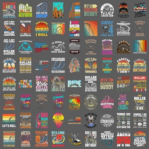 Puede incluir: Una colección de ochenta y cuatro diseños gráficos individuales que presentan ilustraciones de montañas rusas, temas de parques de atracciones y varios eslóganes como Roller Coaster King, Coaster Crew y Birthday Rides, en una cuadrícula gris.