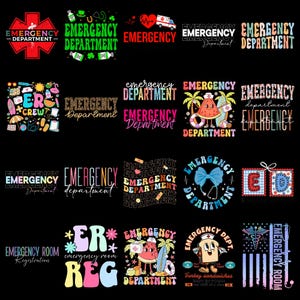 May include: A selection of vibrant graphic designs featuring the words "Emergency Department" and related phrases. Designs include a red cross, shamrocks, an ambulance, and a watermelon with a surfboard. The designs are on a black background.