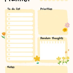 May include: A cheerful daily planner with a cream background and a variety of sections. The planner includes sections for a to-do list, priorities, random thoughts, and notes. Adorned with floral and star illustrations, it has a space for the date and days of the week.