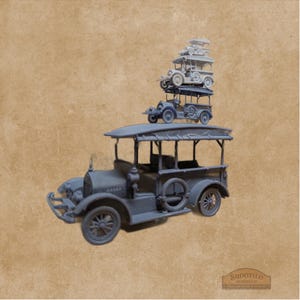 May include: A stack of three vintage-style toy vehicles, with a large grey open-top bus at the base, a smaller blue bus in the middle, and a tiny white car on top. The vehicles are arranged vertically, creating a tiered sculpture of classic automobiles.