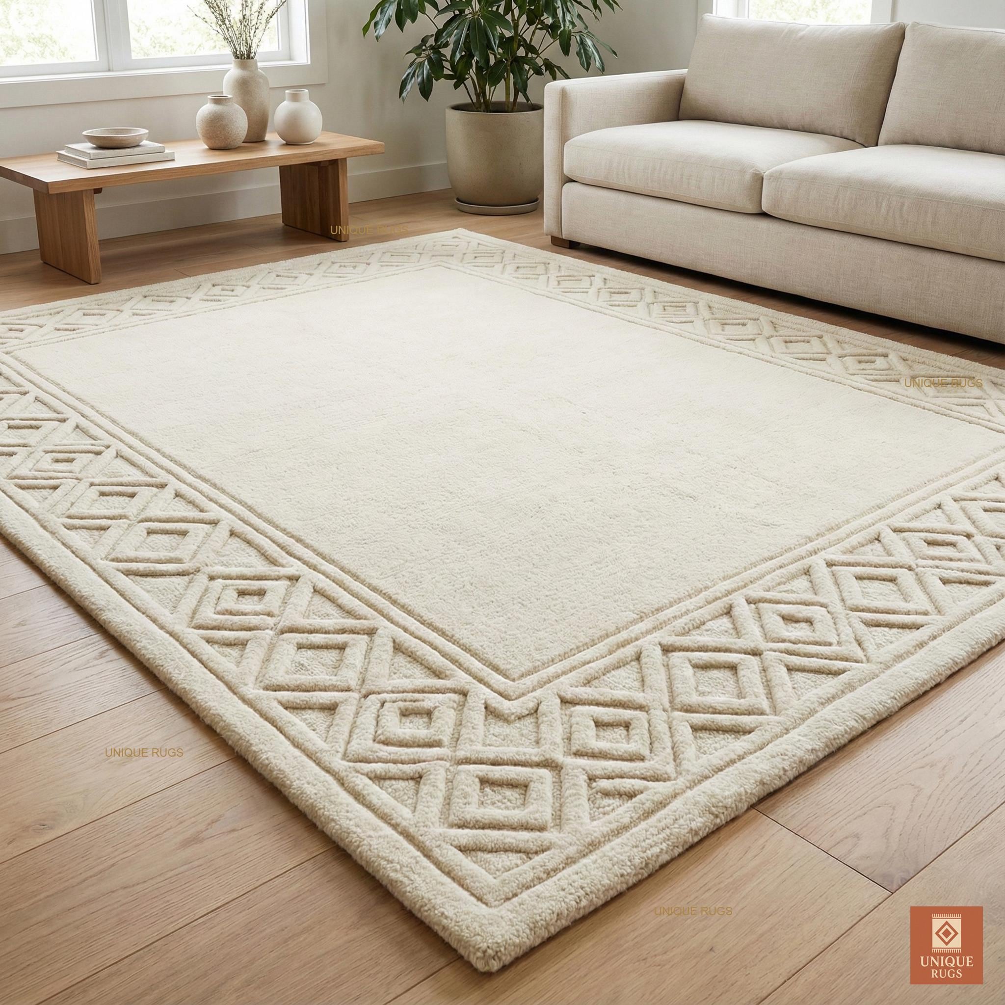 Luxury Hand Tufted Ivory Wool Rug Geometric Diamond Carved Border Area ...