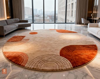 Hand Tufted New Zealand Wool Round Rug Terracotta Beige Modern Geometric Circle Carpet