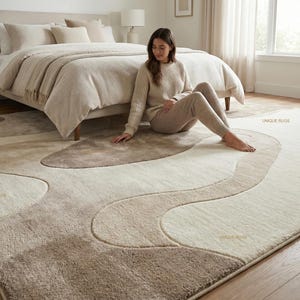 Hand-Tufted Wool Rug Abstract Beige Cream Modern Area Carpet Luxury Living Room Floor Decor
