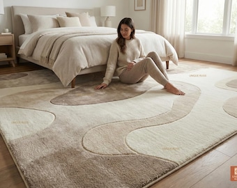 Hand-Tufted Wool Rug Abstract Beige Cream Modern Area Carpet Luxury Living Room Floor Decor