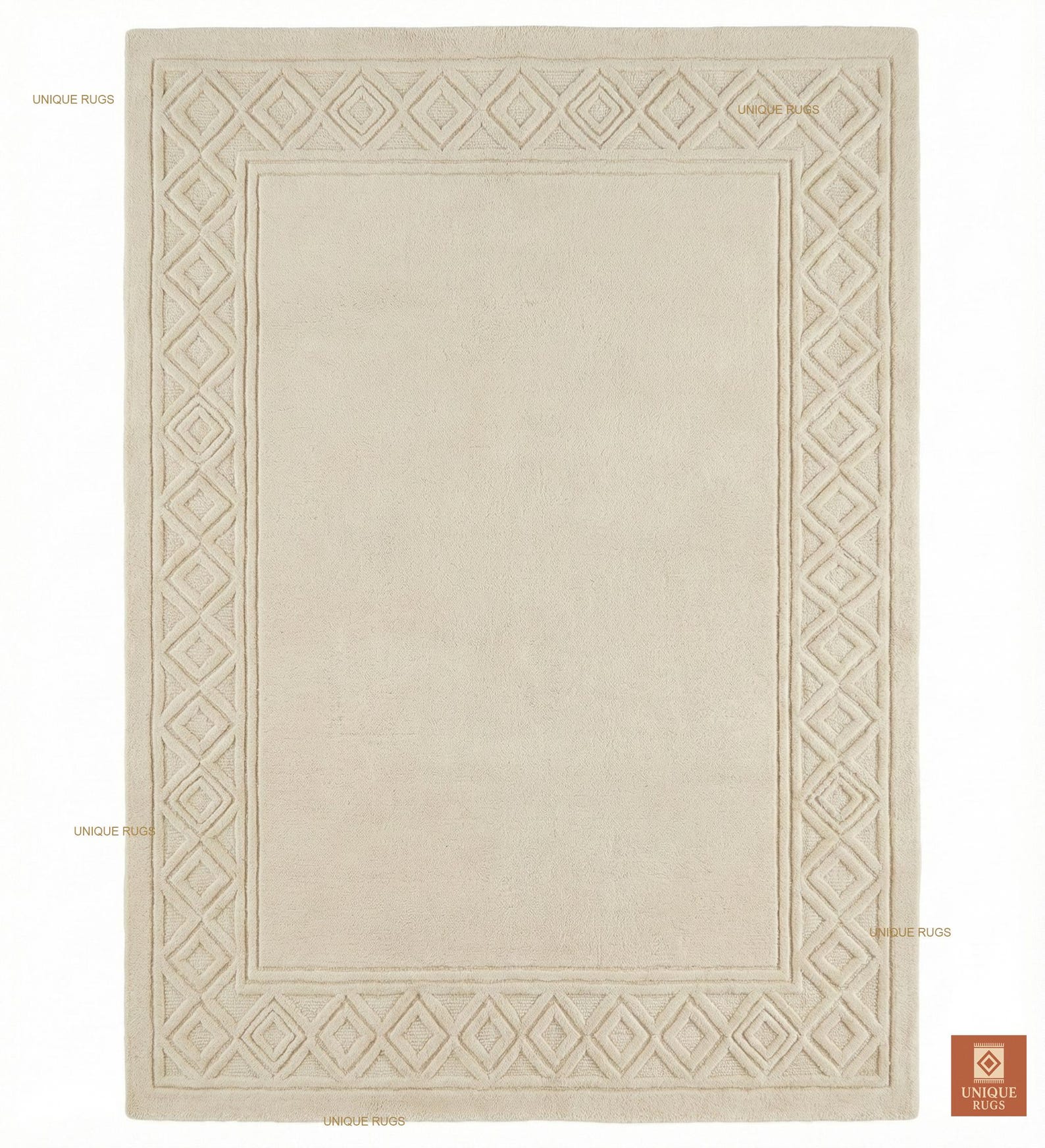 Ivory Bobble Rug Luxury Hand Tufted Ivory Wool Rug Geometric Diamond Carved Border Area ...