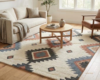 Hand Tufted Wool Rug Southwestern Geometric Tribal Area Rug Cream Terracotta Blue Modern Home