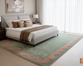 Pastel Sage Green Rug with Pink Scalloped Border, Hand Tufted Wool Area Carpet