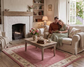 Floral Border Hand Tufted New Zealand Wool Rug Dusty Rose Pink Traditional Area Rug
