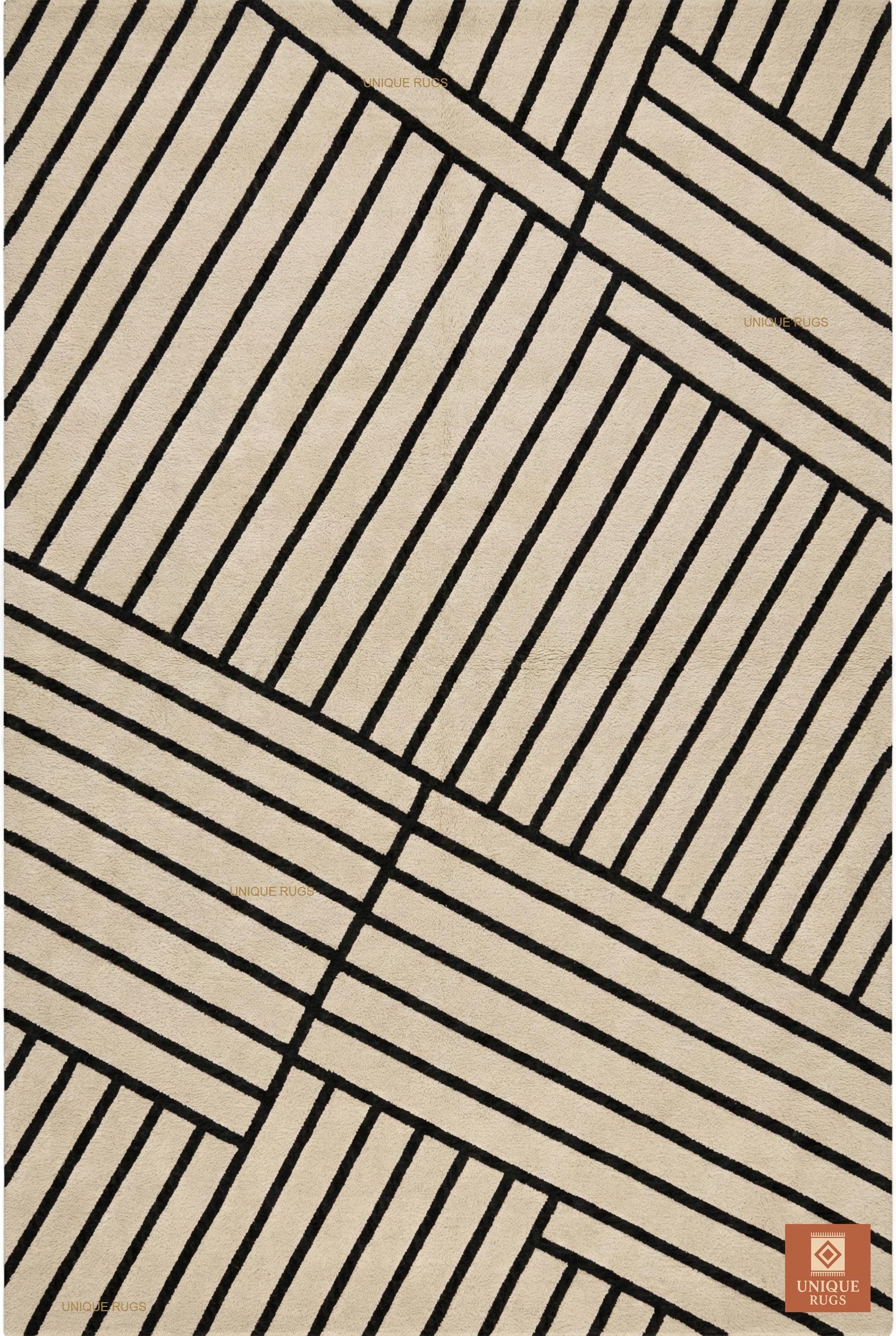 Linear Geometric Rug Modern Hand Tufted Wool Rug Geometric Linear Stripes Cream Black ...