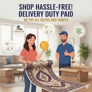 May include: An illustration promoting hassle-free shopping. A woman and a man are depicted with a rolled-up rug, a gold coin, and a delivery box. The text reads "SHOP HASSLE-FREE! DELIVERY DUTY PAID WE PAY ALL DUTIES AND TARIFFS."