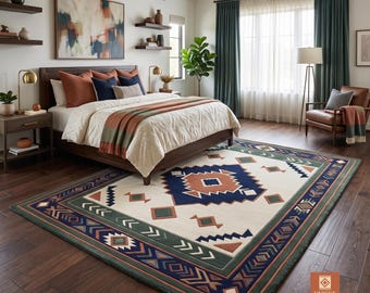 Southwestern Hand Tufted New Zealand Wool Rug Tribal Pattern Ivory Green Geometric Area Rug