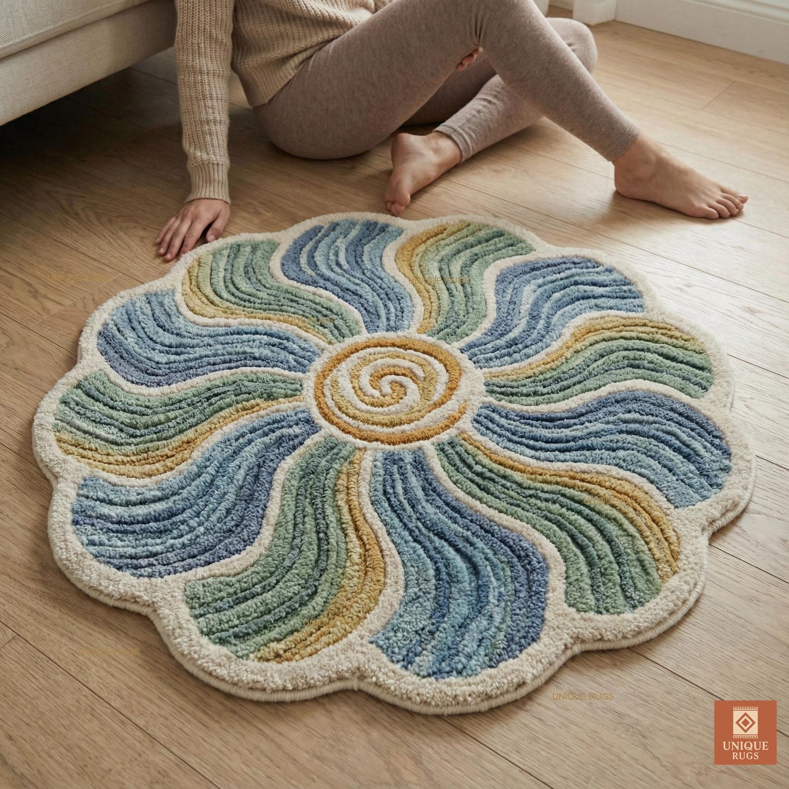 Round Hand Tufted Wool Rug Colorful Floral Spiral Design Blue Sage ...