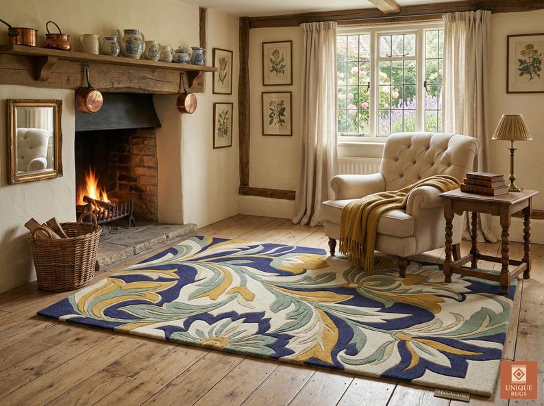 May include: A large area rug with a floral design in blue, yellow, and green hues. The rug is placed in a cozy living room setting with a fireplace, armchair, and wooden flooring. The room has a warm and inviting atmosphere.